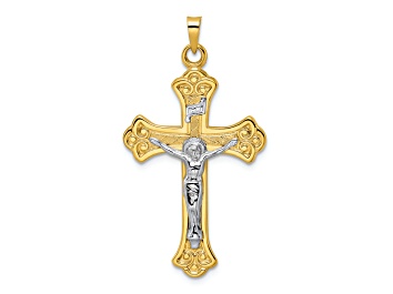 Picture of 14K Yellow and White Gold Polished Solid INRI Fleur de Lis Crucifix Pendant