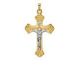 14K Yellow and White Gold Polished Solid INRI Fleur de Lis Crucifix Pendant