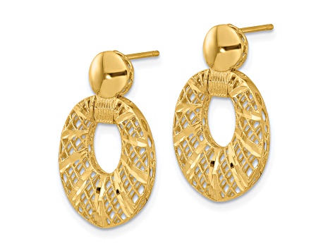 14K Yellow Gold Polished Diamond-cut Oval Post Dangle Earrings