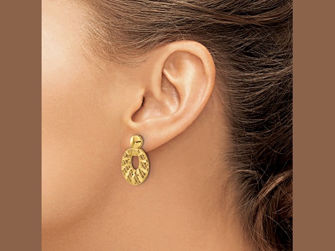 14K Yellow Gold Polished Diamond-cut Oval Post Dangle Earrings