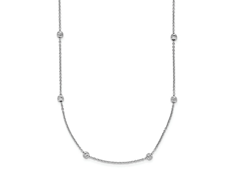 Rhodium Over 14k White Gold Polished and Diamond-Cut Beaded Fancy Link 17 Inch Necklace