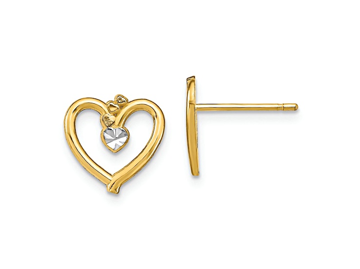 10k Yellow Gold and Rhodium Over 10k Yellow Gold Diamond-Cut Heart Stud Earrings