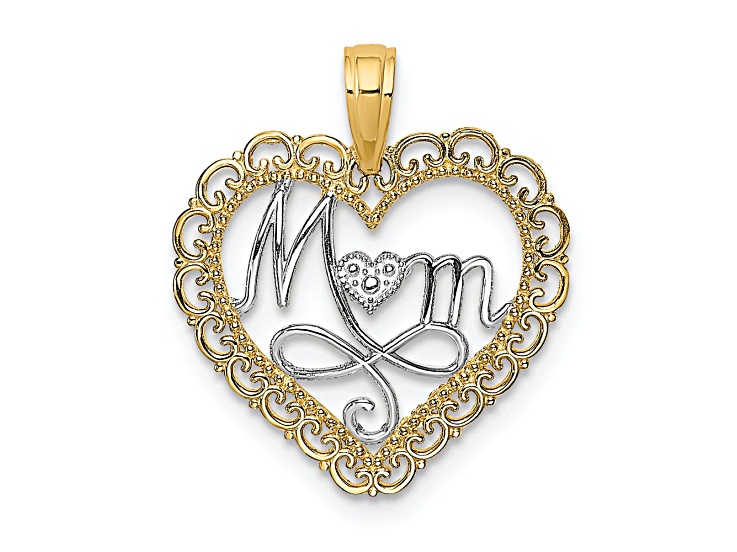 14K Two-tone Gold Cut-Out MOM In Scallop Heart Charm