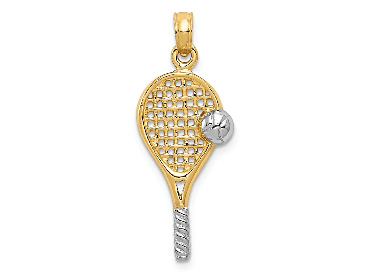 14K Two-tone Gold Polished and Textured Tennis Racquet Pendant