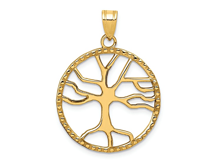 14k Yellow Gold Textured Tree of Life in Round Frame Pendant