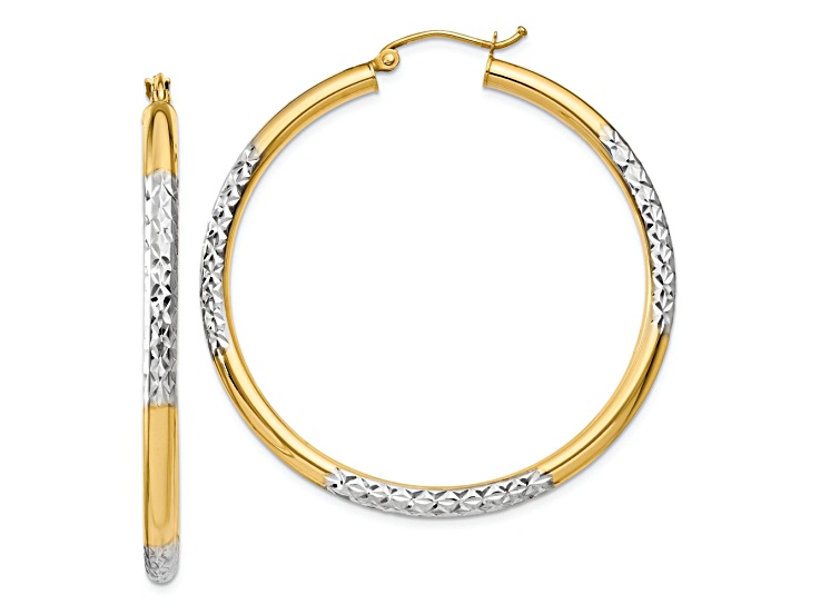 14k Yellow Gold and Rhodium Over 14k Yellow Gold Diamond-Cut 1 3/4" Hoop Earrings