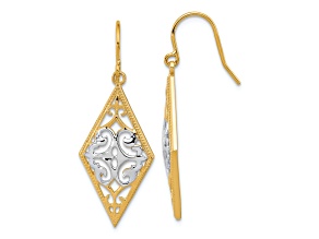 14K Two-tone Gold Diamond Shape Filigree Dangle Earrings