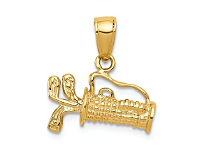 14k Yellow Gold Solid 3D Polished and Textured Golf Bag with Clubs pendant