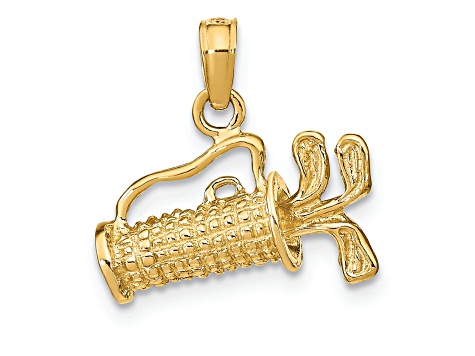 14k Yellow Gold Solid 3D Polished and Textured Golf Bag with Clubs pendant
