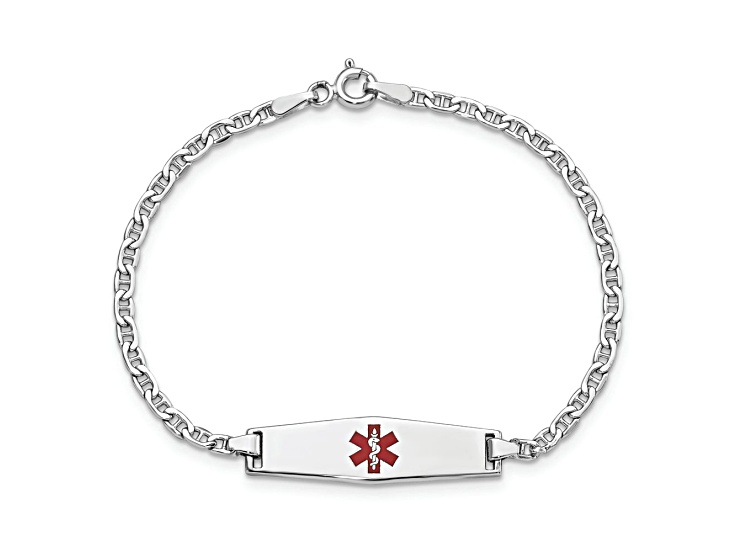 Rhodium Over 14k White Gold Medical Soft Diamond Shape Red Enamel Mariner Link ID Bracelet