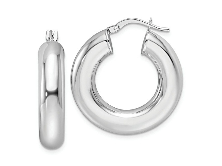 Rhodium Over 14k White Gold 1 1/16" Polished Round Tube Hoop Earrings