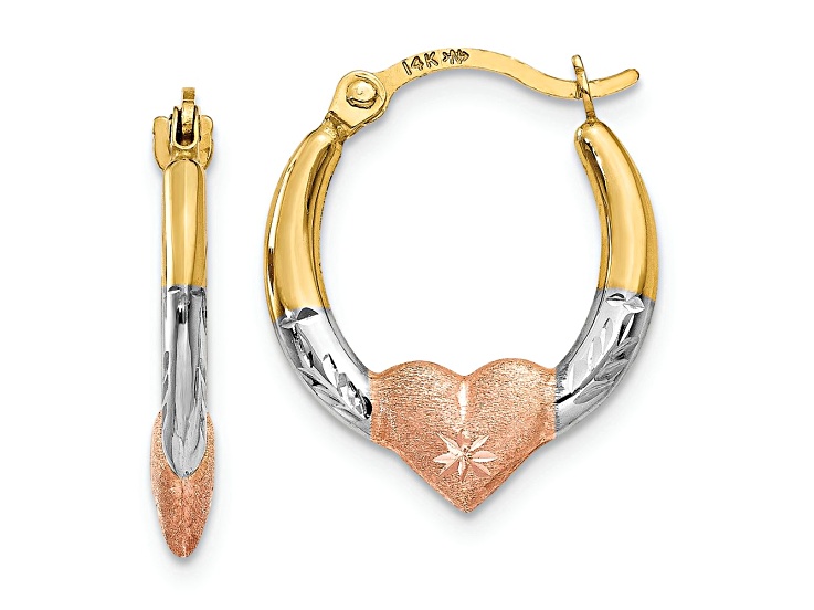 14k Yellow Gold and Rhodium Over 14k Yellow Gold Satin and Diamond-Cut 5/8" Heart Hoop Earrings
