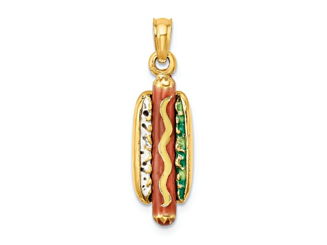 14k Yellow Gold 3D Multi-Color Enamel Hot Dog with Bun Charm