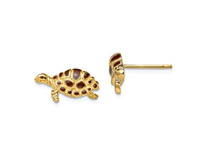 14k Yellow Gold Textured Brown Enamel Turtle Stud Earrings
