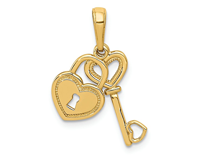 14K Yellow Gold Polished Moveable Heart Key and Heart Lock Charm