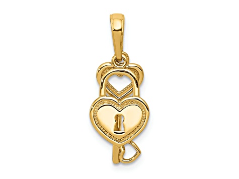 14K Yellow Gold Polished Moveable Heart Key and Heart Lock Charm