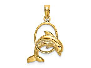 14k Yellow Gold Polished and Textured Dolphin Jumping Through Hoop Pendant