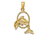 14k Yellow Gold Polished and Textured Dolphin Jumping Through Hoop Pendant