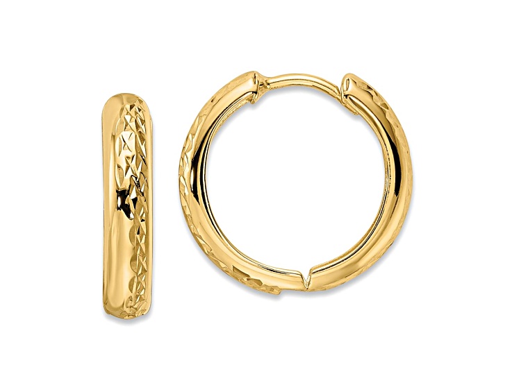 14k Yellow Gold Polished and Textured 9/16" Hinged Hoop Earrings