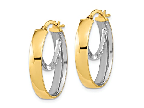 14K Two-tone Gold Polished and Diamond-Cut 15/16" Fancy Oval Hoop Earrings