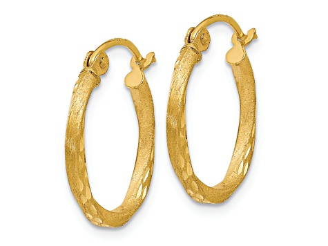 14k Yellow Gold Satin and Diamond-Cut Twisted 11/16" Hoop Earrings