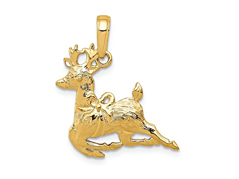 14k Yellow Gold Polished and Textured Reindeer Pendant