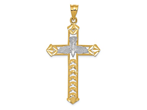 14K Yellow Gold with Rhodium Polished Diamond-cut Dove Cross Pendant