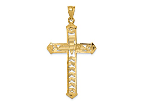 14K Yellow Gold with Rhodium Polished Diamond-cut Dove Cross Pendant