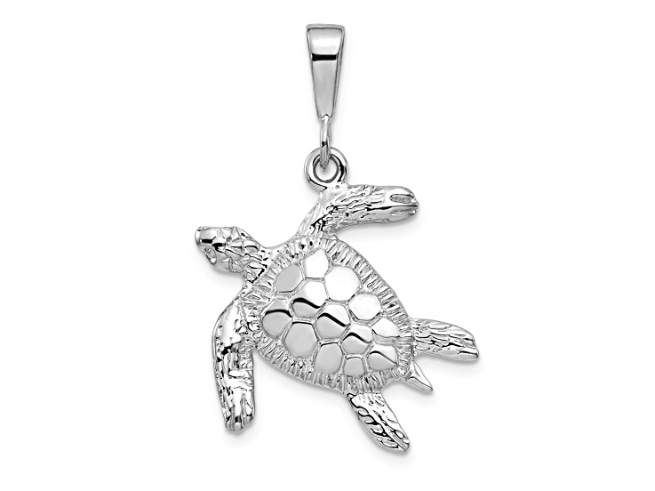 Rhodium Over 14k White Gold Solid Polished and Textured Open-Backed Sea Turtle Pendant