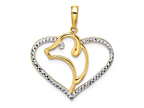 14k Two-tone Gold Diamond-cut Dog Head in Heart Pendant