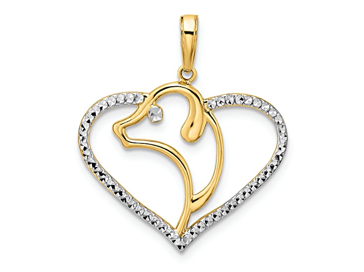 14k Two-tone Gold Diamond-cut Dog Head in Heart Pendant