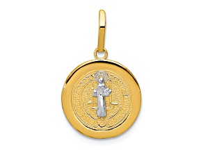 14K Yellow Gold with White Rhodium Circle St. Benedict Medal Pendant