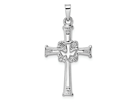 Rhodium Over 14K White Gold Polished Cut Out Solid Dove Cross Pendant