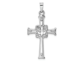 Rhodium Over 14K White Gold Polished Cut Out Solid Dove Cross Pendant