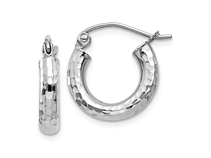 Rhodium Over 10k White Gold Diamond-Cut 5/16" Round Hoop Earrings
