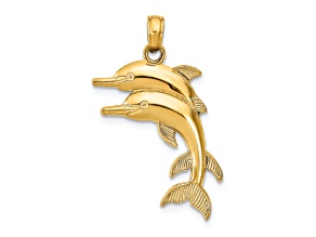 14k Yellow Gold Textured 2D Two Jumping Dolphins Charm