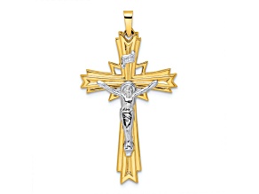 14k Yellow Gold and 14k White Gold Solid Polished and Textured Fancy INRI Crucifix Pendant