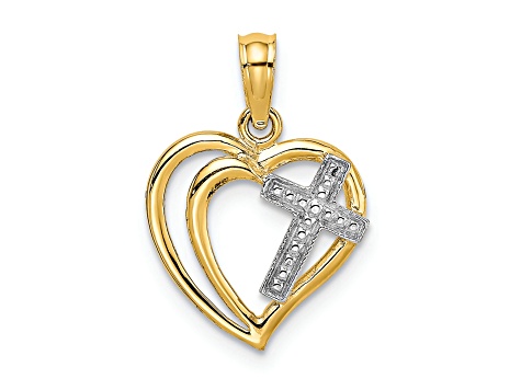 Rhodium Over 14K Two-tone Gold Cross In Heart Charm Pendant