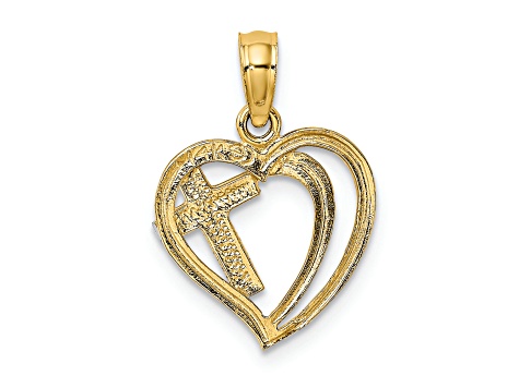 Rhodium Over 14K Two-tone Gold Cross In Heart Charm Pendant