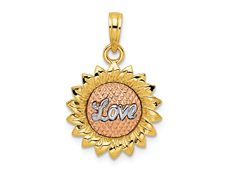14k Tri-color Gold Textured Sunflower with Love Pendant