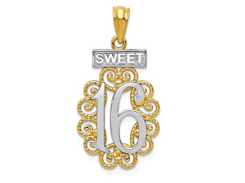 Picture of 14k Yellow Gold and Rhodium Over 14k Yellow Gold Textured Filigree SWEET 16 Pendant