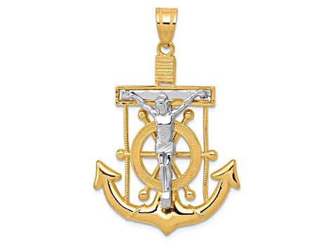 14K Yellow and White Gold Diamond-cut Mariner's Cross Pendant