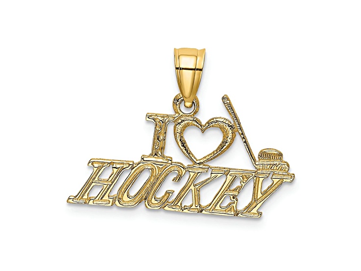 14k Yellow Gold Textured I Love Hockey Charm