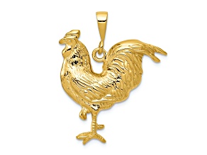 14k Yellow Gold Solid Polished and Textured Open-backed Rooster Pendant