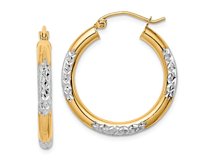 10k Yellow Gold and Rhodium Over 10k Yellow Gold Diamond-Cut 1" Hoop Earrings