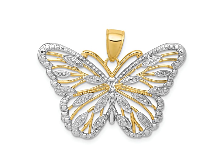 10K Yellow Gold and Rhodium Over 10K Yellow Gold Textured Butterfly Pendant