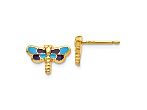 14k Yellow Gold Textured Enameled Dragonfly Earrings