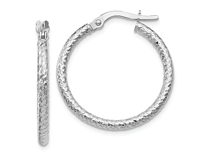 Rhodium Over 10k White Gold 1 inch Polished and Textured Hinged Hoop Earrings