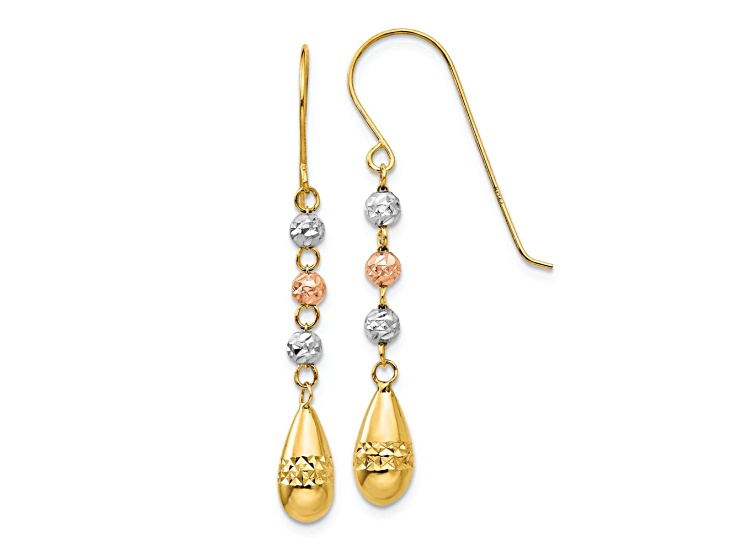 14k Yellow Gold, 14k White Gold and 14k Rose Gold Diamond-Cut Teardrop Beaded Puffed Dangle Earrings