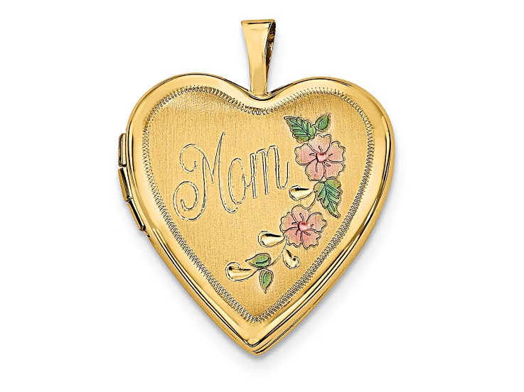14K Yellow Gold 20mm Enameled Floral MOM Heart Locket